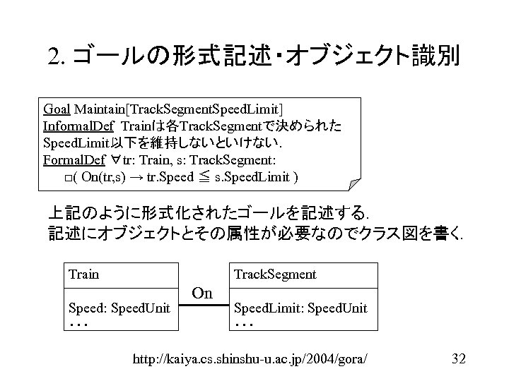 2. ゴールの形式記述・オブジェクト識別 Goal Maintain[Track. Segment. Speed. Limit] Informal. Def Trainは各Track. Segmentで決められた Speed. Limit以下を維持しないといけない． Formal.