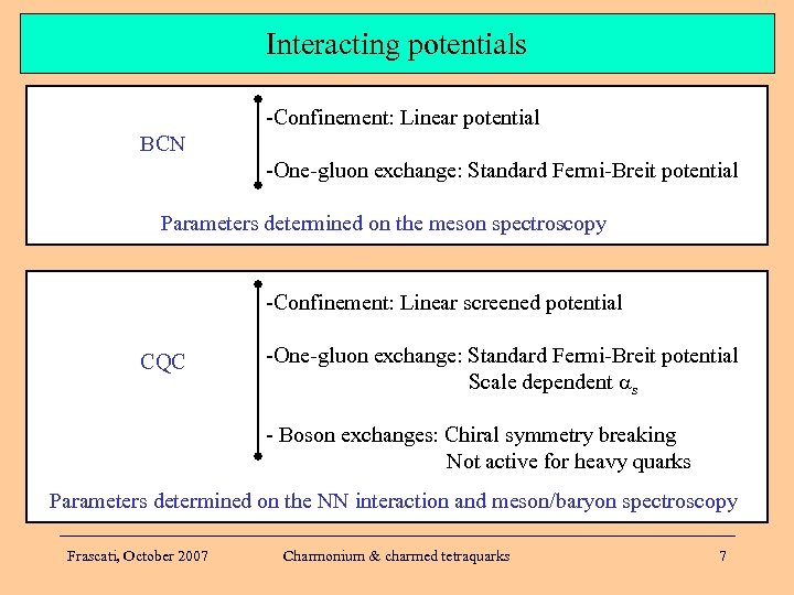 Interacting potentials -Confinement: Linear potential BCN -One-gluon exchange: Standard Fermi-Breit potential Parameters determined on