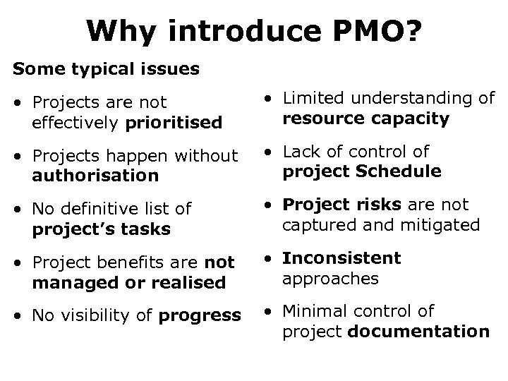 Why introduce PMO? Some typical issues • Projects are not effectively prioritised • Limited