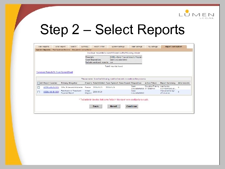 Step 2 – Select Reports 