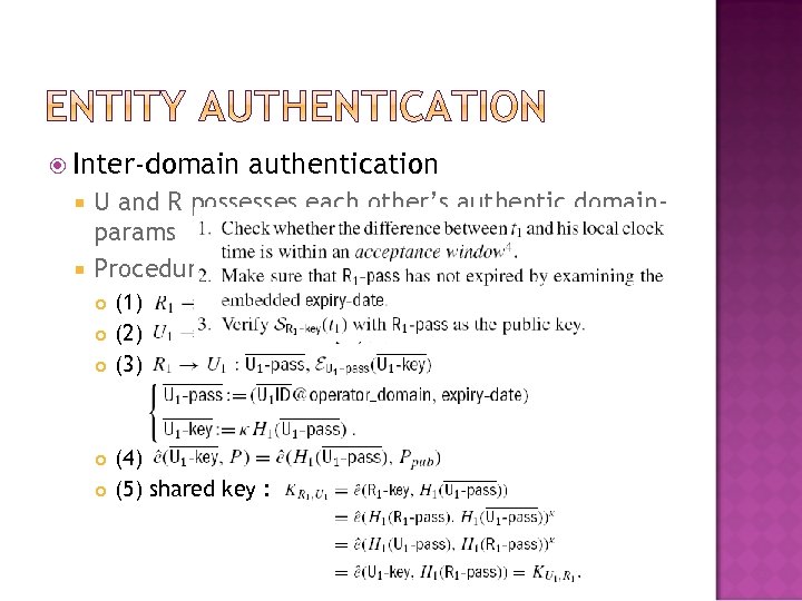  Inter-domain authentication U and R possesses each other’s authentic domainparams Procedure (1) (2)