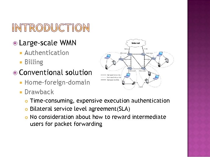  Large-scale WMN Authentication Billing Conventional solution Home-foreign-domain Drawback Time-consuming, expensive execution authentication Bilateral