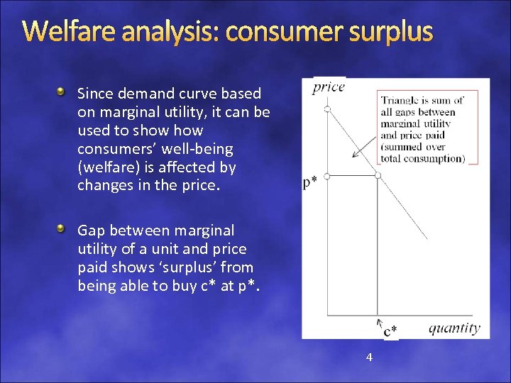 Welfare analysis: consumer surplus Since demand curve based on marginal utility, it can be