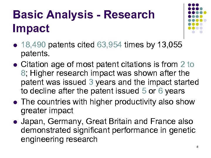 Basic Analysis - Research Impact l l 18, 490 patents cited 63, 954 times