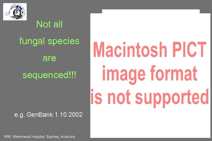 Not all fungal species are sequenced!!! e. g. Gen. Bank 1. 10. 2002 WM,