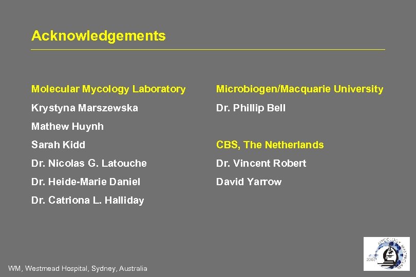 Acknowledgements Molecular Mycology Laboratory Microbiogen/Macquarie University Krystyna Marszewska Dr. Phillip Bell Mathew Huynh Sarah