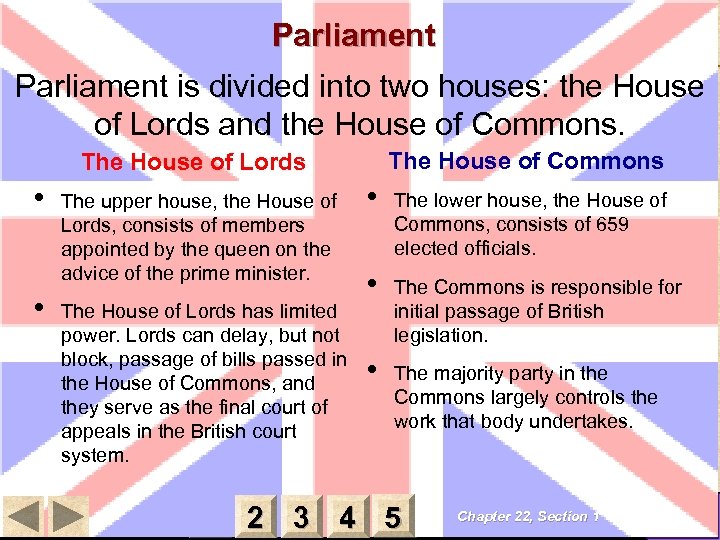 Parliament is divided into two houses: the House of Lords and the House of