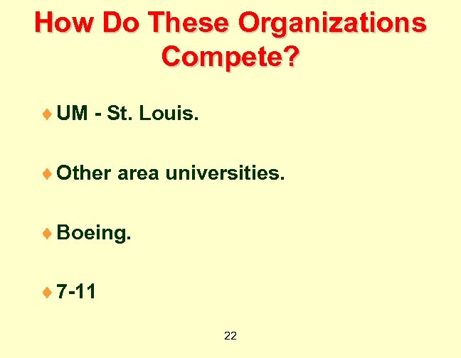 How Do These Organizations Compete? ¨ UM - St. Louis. ¨ Other area universities.