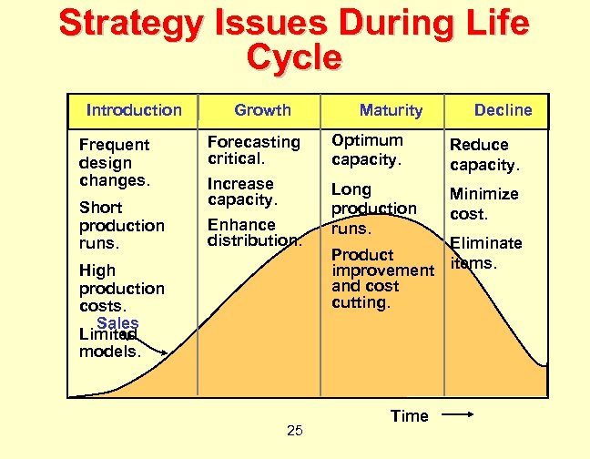 Strategy Issues During Life Cycle Introduction Frequent design changes. Short production runs. Growth Maturity