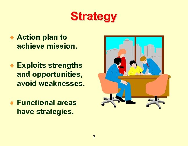 Strategy ¨ Action plan to achieve mission. ¨ Exploits strengths and opportunities, avoid weaknesses.