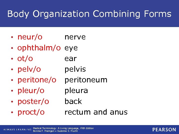Body Organization Combining Forms • • neur/o ophthalm/o ot/o pelv/o peritone/o pleur/o poster/o proct/o