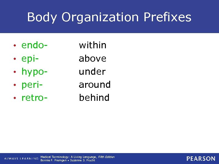 Body Organization Prefixes • • • endoepihypoperiretro- within above under around behind Medical Terminology: