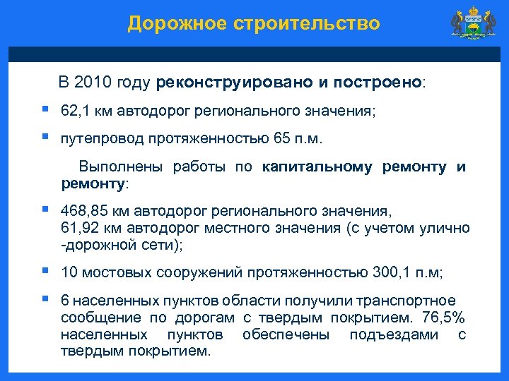 Дорожное строительство В 2010 году реконструировано и построено: § 62, 1 км автодорог регионального