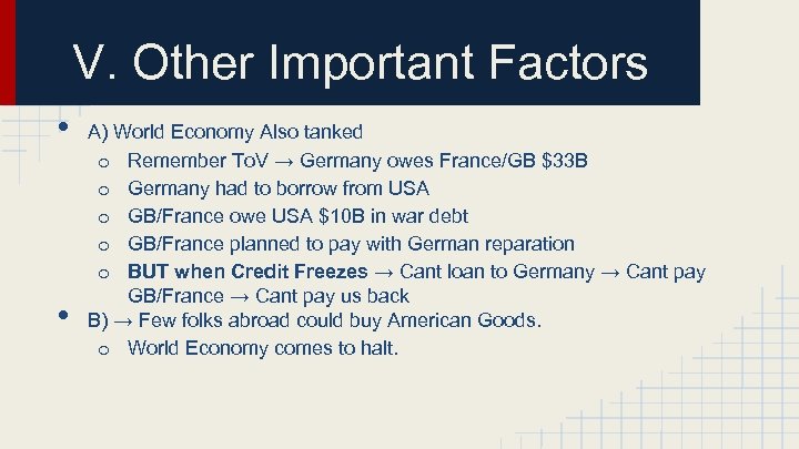 V. Other Important Factors • • A) World Economy Also tanked o Remember To.