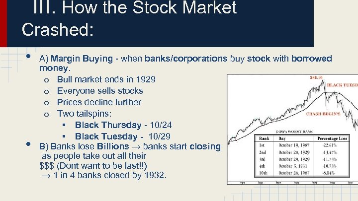 III. How the Stock Market Crashed: • • A) Margin Buying - when banks/corporations