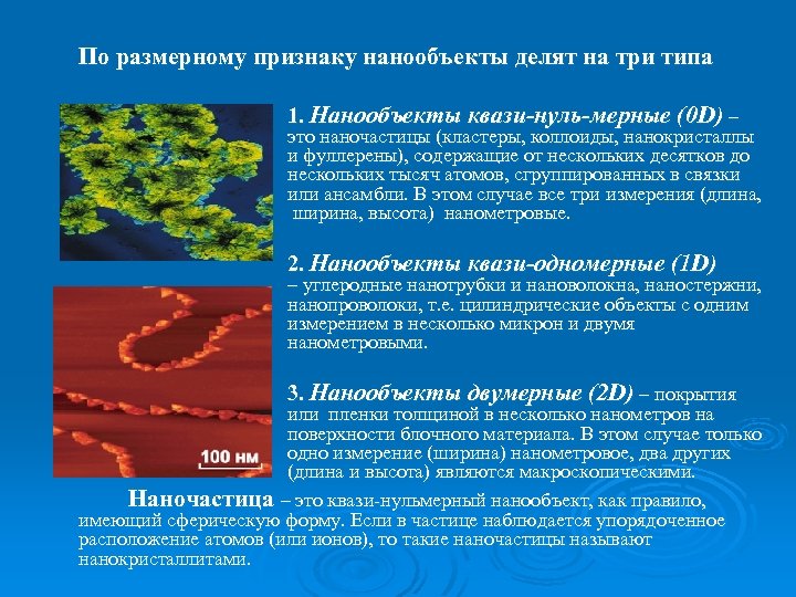 По размерному признаку нанообъекты делят на три типа 1. Нанообъекты квази-нуль-мерные (0 D) –