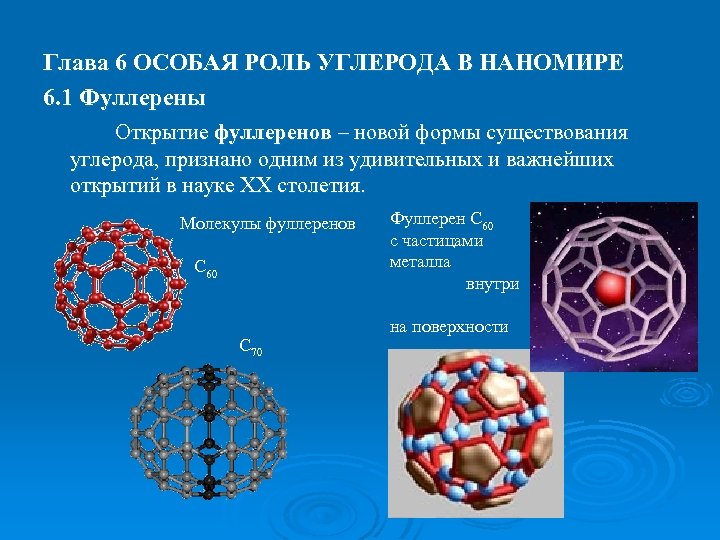 Глава 6 ОСОБАЯ РОЛЬ УГЛЕРОДА В НАНОМИРЕ 6. 1 Фуллерены Открытие фуллеренов – новой
