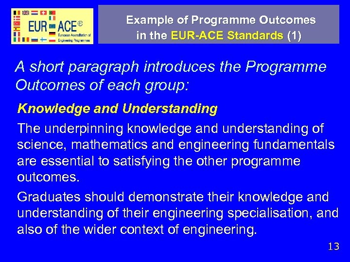 Example of Programme Outcomes in the EUR-ACE Standards (1) A short paragraph introduces the