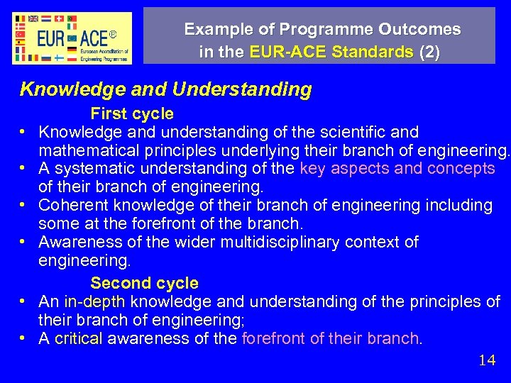 Example of Programme Outcomes in the EUR-ACE Standards (2) Knowledge and Understanding • •