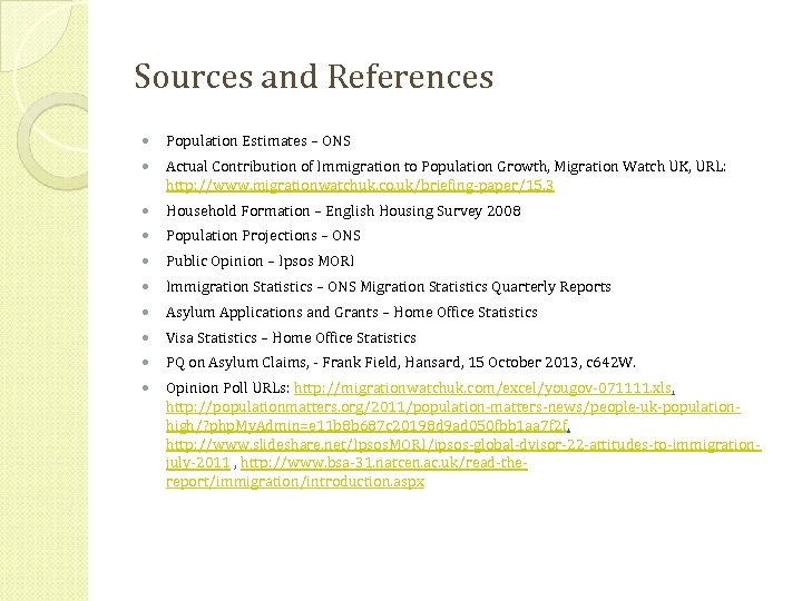 Sources and References Population Estimates – ONS Actual Contribution of Immigration to Population Growth,