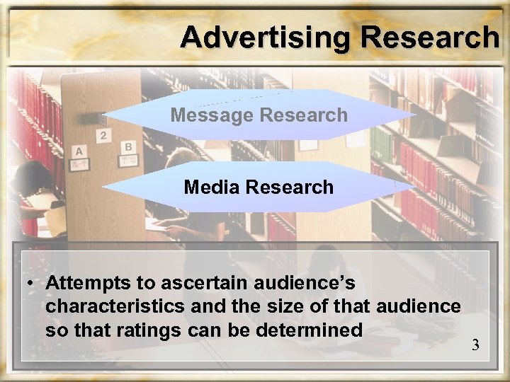 Advertising Research Message Research Media Research • Attempts to ascertain audience’s characteristics and the