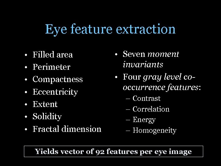 Eye feature extraction • • Filled area Perimeter Compactness Eccentricity Extent Solidity Fractal dimension