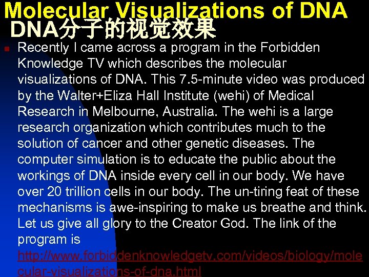 Molecular Visualizations of DNA分子的视觉效果 n Recently I came across a program in the Forbidden