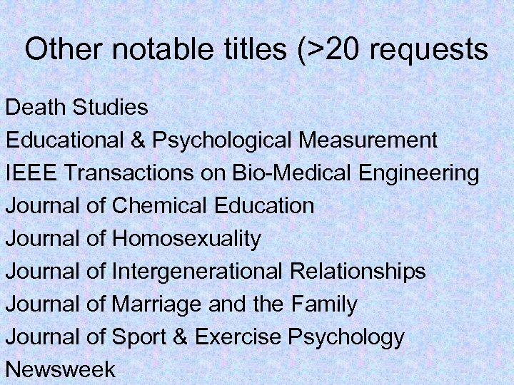 Other notable titles (>20 requests Death Studies Educational & Psychological Measurement IEEE Transactions on