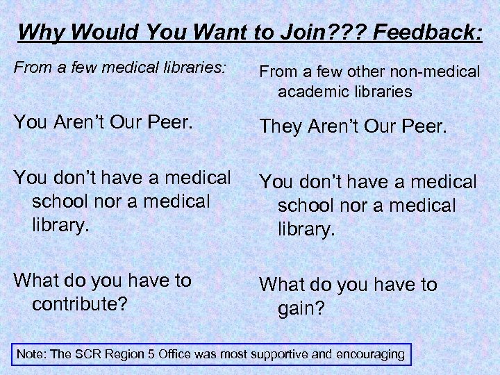 Why Would You Want to Join? ? ? Feedback: From a few medical libraries: