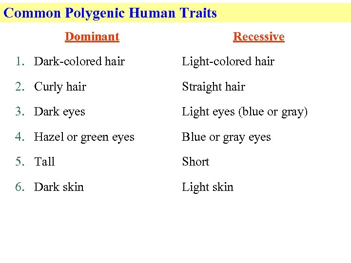 Common Polygenic Human Traits Dominant Recessive 1. Dark-colored hair Light-colored hair 2. Curly hair