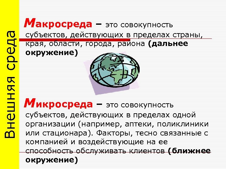 Внешняя среда Макросреда – это совокупность субъектов, действующих в пределах страны, края, области, города,