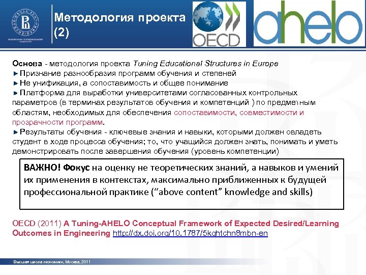 Методология проекта (2) Основа - методология проекта Tuning Educational Structures in Europe Признание разнообразия