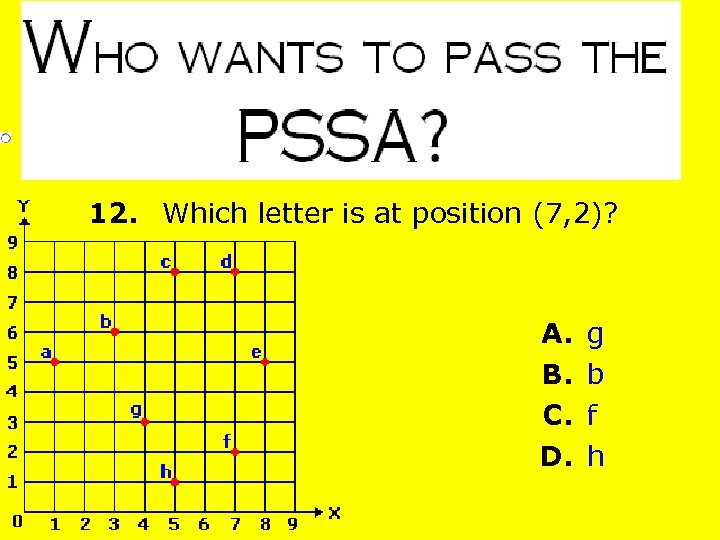12. Which letter is at position (7, 2)? A. g B. b C. f