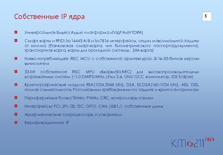 Собственные IP ядра Универсальная Видео/Аудио платформа «ГИДРА» (HYDRA) Смарт карты и RFID: iso 14443