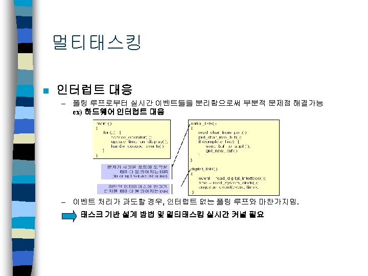 멀티태스킹 n 인터럽트 대응 – 폴링 루프로부터 실시간 이벤트들을 분리함으로써 부분적 문제점 해결가능 ex)