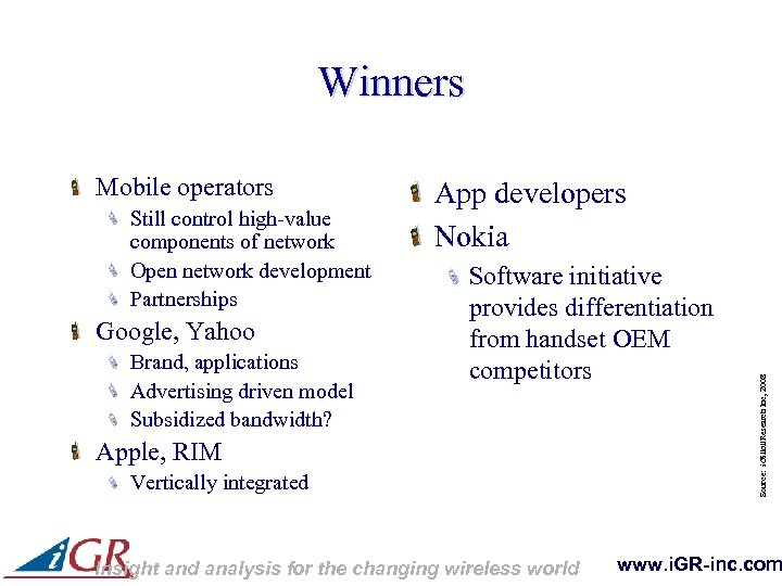 Winners Still control high-value components of network Open network development Partnerships Google, Yahoo Brand,