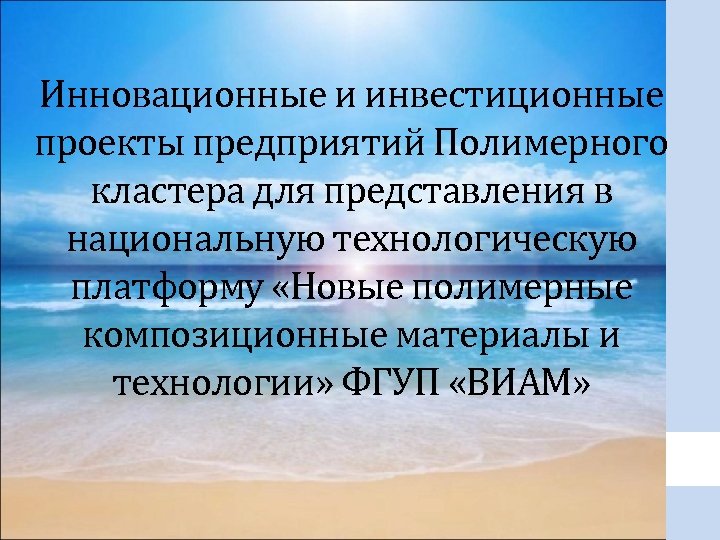Инновационные и инвестиционные проекты предприятий Полимерного кластера для представления в национальную технологическую платформу «Новые