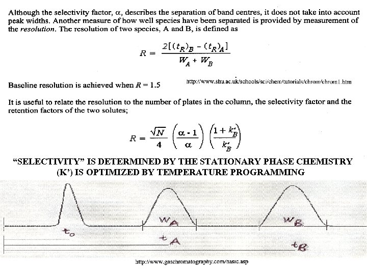 “SELECTIVITY” IS DETERMINED BY THE STATIONARY PHASE CHEMISTRY (K’) IS OPTIMIZED BY TEMPERATURE PROGRAMMING