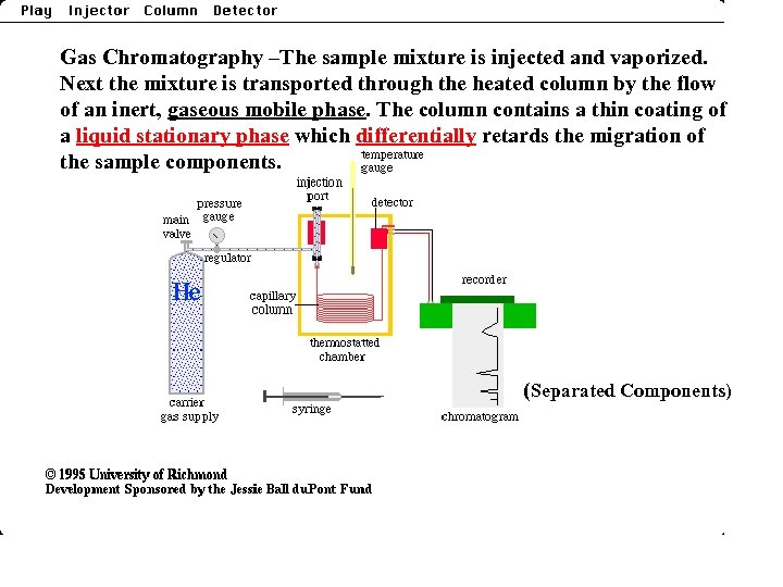 Gas Chromatography –The sample mixture is injected and vaporized. Next the mixture is transported