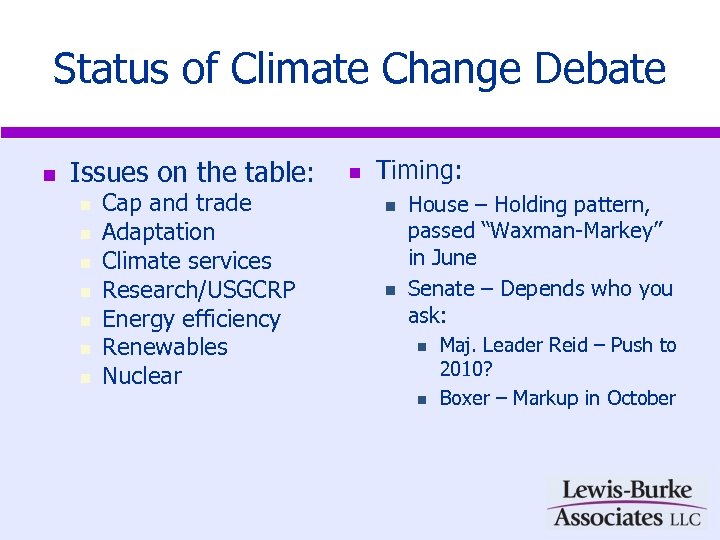 Status of Climate Change Debate n Issues on the table: n n n n