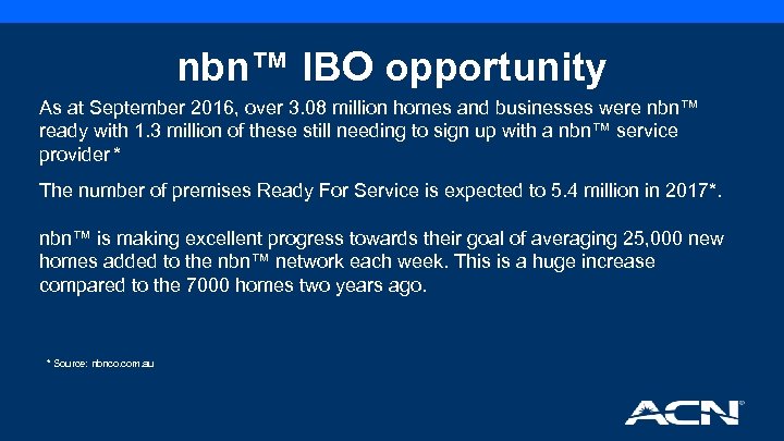 nbn™ IBO opportunity As at September 2016, over 3. 08 million homes and businesses