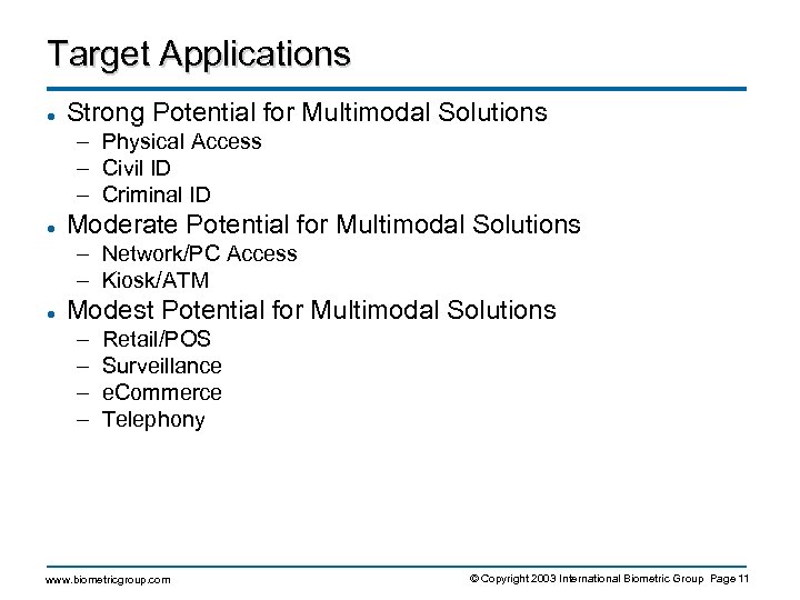 Target Applications l Strong Potential for Multimodal Solutions – Physical Access – Civil ID