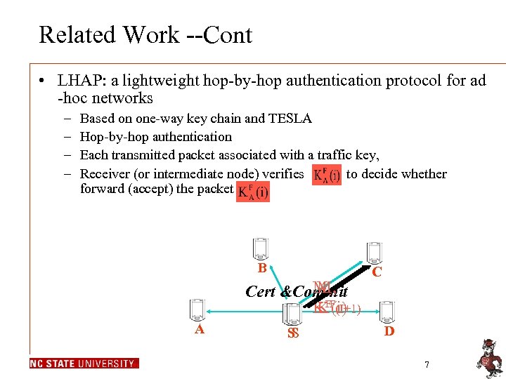 Related Work --Cont • LHAP: a lightweight hop-by-hop authentication protocol for ad -hoc networks