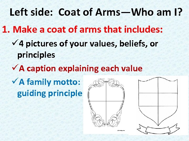Left side: Coat of Arms—Who am I? 1. Make a coat of arms that