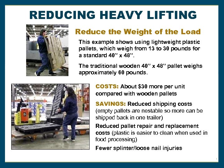REDUCING HEAVY LIFTING Reduce the Weight of the Load This example shows using lightweight