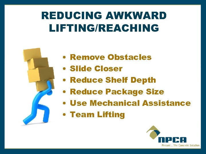 REDUCING AWKWARD LIFTING/REACHING • • • Remove Obstacles Slide Closer Reduce Shelf Depth Reduce