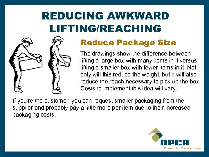 REDUCING AWKWARD LIFTING/REACHING Reduce Package Size The drawings show the difference between lifting a