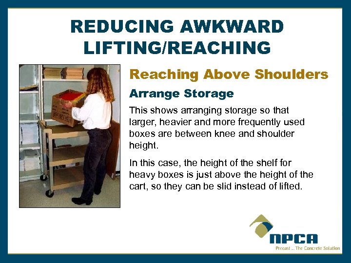 REDUCING AWKWARD LIFTING/REACHING Reaching Above Shoulders Arrange Storage This shows arranging storage so that