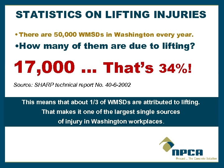 STATISTICS ON LIFTING INJURIES • There are 50, 000 WMSDs in Washington every year.