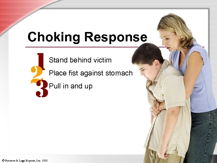 Choking Response Stand behind victim Place fist against stomach Pull in and up ©
